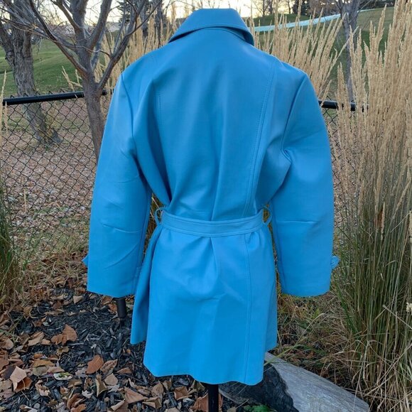 Vintage 60s 70s Faux Leather Trench Coat Belted Light Blue Overcoat - Picture 6 of 14